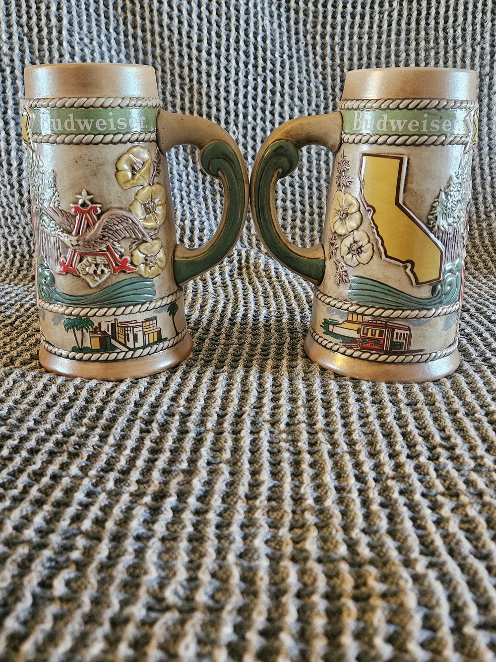 Budweiser Tan Ceramic California Stein Pair with Red Logo
